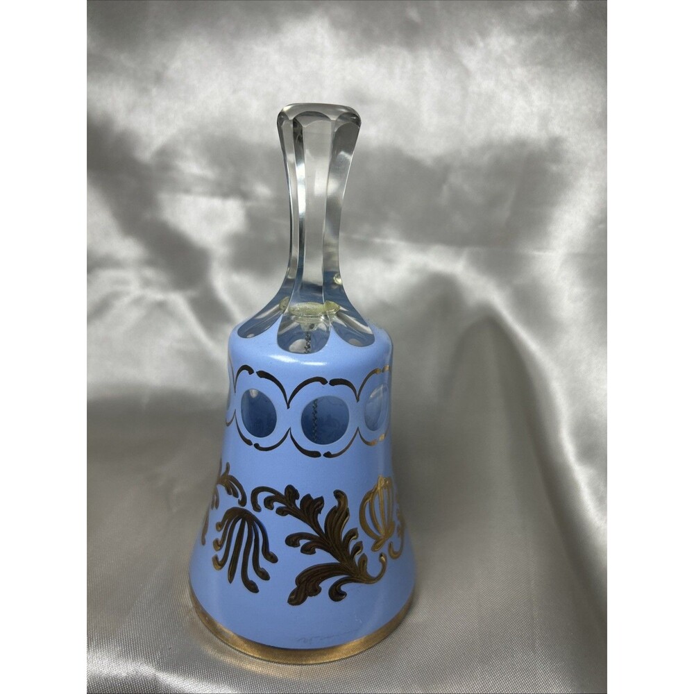 Vintage Bohemian Blue Cut to Clear Crystal Hand Bell Gold Overlay Czech